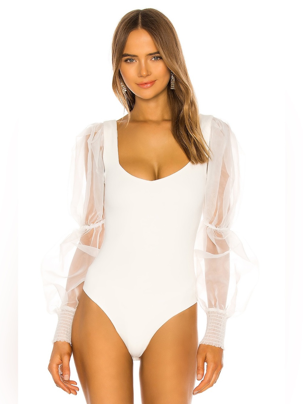 NBD
BODY BLAINE  Sheer Puff Sleeve White Bodysuit